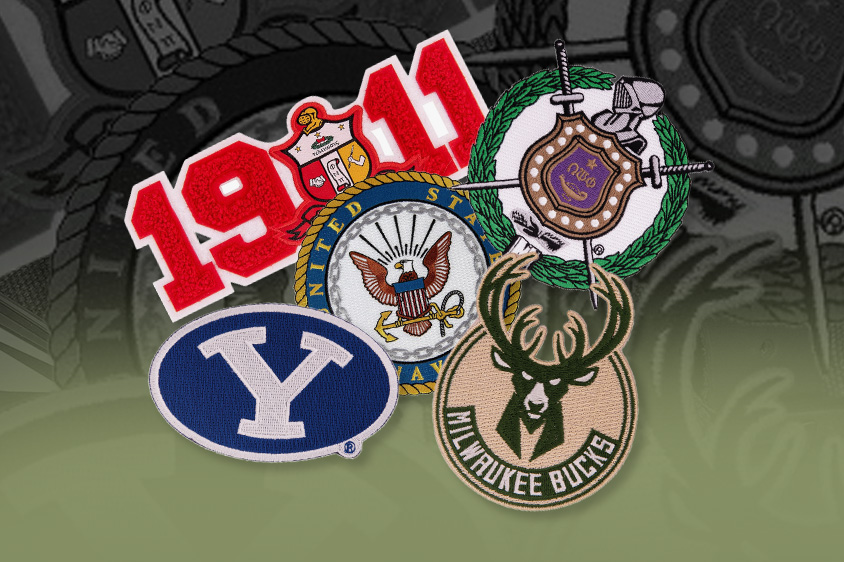 Officially licensed embroidered patches including BYU, Milwaukee Bucks, and military designs